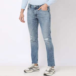 Most Selling Men <b>Light</b> Blue Straight Distressed Denim Jeans Embroidered Dragon <b>Rainbow</b> Pattern Mid Waist Button Fly - Product Image 1