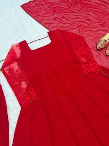 Women's Red Floor-Length Traditional <b>Dress</b> <b>With</b> Lace Sleeves And <b>Cape</b> Loose Fit <b>Wedding</b> Attire India Pakistan Style - Product Image 5