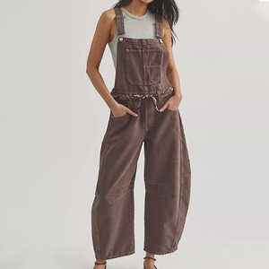 Custom Logo <b>Women's</b> Washed Solid Color Denim <b>Dungarees</b> Wide Leg Bib Overall Casual Loose Fit Jeans Jumpsuit - Product Image 1
