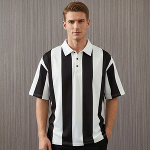 Polo de Manga Corta a Rayas Blancas y Negras para Hombre, Corte Regular, Diseño Casual con Cuello Tejido, Lavado Enzimático, Transpirable y Antiarrugas - Product Image 4