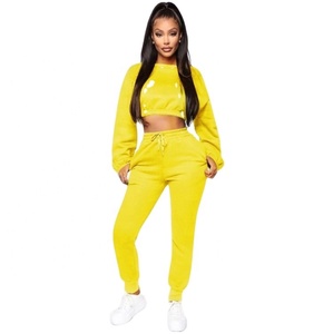 Top court col ras du cou pour femme, vêtements à manches longues, à ourlet élastique, survêtement avec pantalon de jogging, ensemble deux pièces, nouvelle collection 2020 - Product Image 1