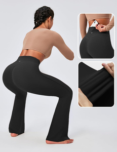 High Waist <b>Flared</b> Leg Yoga <b>Leggings</b> Full Length Solid Black Spandex Polyester Four-Way Stretch Seamless Elastic Waist - Product Image 3