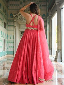Pink Embroidered Lehenga Choli With Gold <b>Sequins</b> And Halter Neckline For Wedding Occasion - Product Image 4