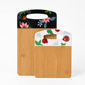 Juego de tablas de cortar de bambú artesanales con mango de resina floral, tabla decorativa para cortar, tabla para servir en la cocina, utensilios de cocina - Product Image 1