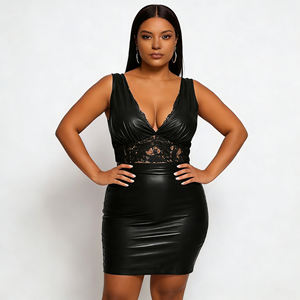 Hot Sale on Temu 2026 Women's Plus Size V Neck Sleeveless Lace Panel Leather Look <b>Clubwear</b> Mini <b>Dress</b> - Product Image 3