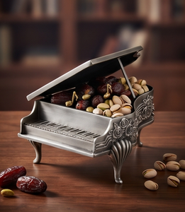 Boîte de rangement de luxe en métal argenté en forme de grand piano pour fruits secs et dates, corps gaufré, couvercle à charnière - Product Image 5