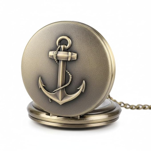 Porte-clés montre de poche vintage en métal avec ancre, pendentif rond en métal au design nautique avec chaîne pour cadeaux souvenirs - Product Image 1