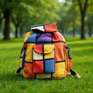 Mochila 100% de Cáñamo Hecha a Mano, Tradicional, Ecológica, con Diseño de Patchwork, 3 Bolsillos y Cierre con Cordón - Producto Promocional de Nepal - Product Image 3