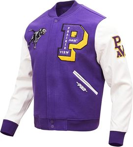 Chaqueta Varsity Morada y Blanca con Logotipo P Bordado y Parche de Pantera, Cuello Redondo, Ropa Deportiva Otoñal para Adultos - Product Image 5