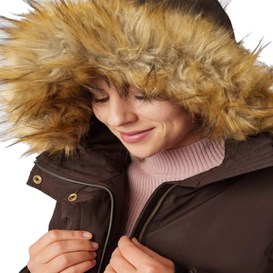 Chaqueta de Invierno Acolchada Marrón para Mujer con Capucha con Ribete de Piel, Cierre de Cremallera, Manga Larga, Abrigo Grueso - Product Image 6