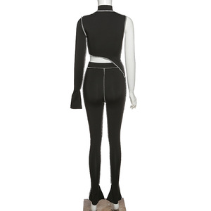 Women's 2 Piece <b>Knitted</b> <b>Set</b> Turtleneck Crop Top Full Length Leggings Sexy Club Wear Skinny Fit Solid Black - Product Image 3