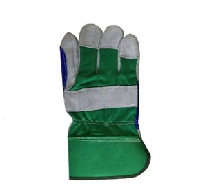 Guantes de trabajo de cuero vacuno premium con parche verde y puño de seguridad de tela de algodón perforada para jardinería - Product Image 2