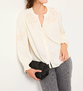 Camisa de Lino Bordada Estilo Francés Vintage para Mujer, Manga Larga Tipo Farol, Blusa Casual de Oficina, Cómoda para el Día a Día - Product Image 2