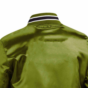 Chaqueta de satén vintage para mujer, color oliva, con cuello y puños a rayas en contraste, cierre frontal con botones, abotonadura sencilla, venta al por mayor OEM - Product Image 2