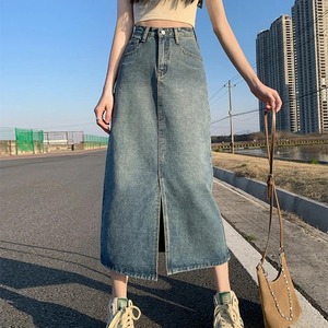 Summer New High-waist Slit Denim Skirt For Women Washed Retro A- line Skirt Hip-covering Straight Long Skirt - Product Image 2