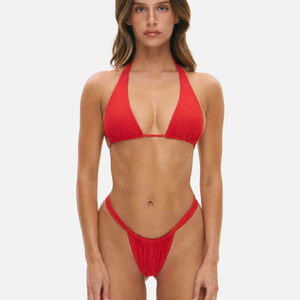 Hot Sale Women's Swimsuit Private Label Custom Logo Double-Layer Solid Print <b>Bikinis</b> Drawstring Polyester Fabric Women <b>Bikini</b> - Product Image 1