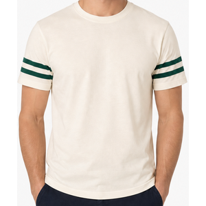 Camisetas al por mayor para hombre con rayas en las mangas, logotipo personalizado, algodón, color crema, verde bosque, dos rayas, estilo retro deportivo, camisetas lisas de moda. - Product Image 2