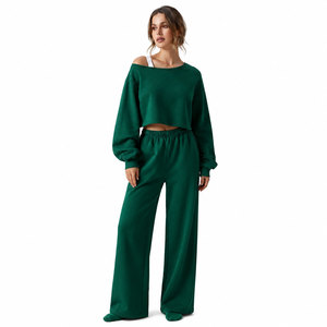 Women's Oversized Cropped Sweatshirt Wide Leg Pants 2 Piece Eco-Friendly 100% Cotton for <b>Set</b> Casual Matching Co Ord Outfit - Product Image 2