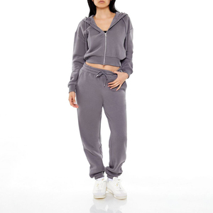 Ensemble de survêtement gris pour femme, écologique, de haute qualité, avec capuche zippée et pantalon de jogging à cordon de serrage, prix de gros - Product Image 1