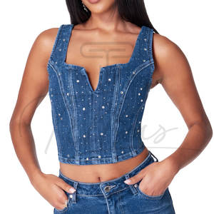Tops en jean pour femmes de haute qualité, tendance et ornés de strass, vente en gros, design et logo personnalisés. - Product Image 6