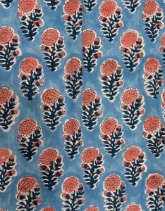 Handcrafted Blue & Coral <b>Repeating</b> Floral Cotton Fabric. Indian textile Cotton. - Product Image 2