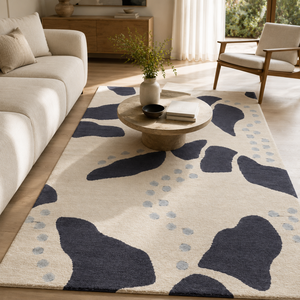 Alfombra Abstracta DECORDEC Color Marfil Carbón, 100% Lana de Nueva Zelanda, Diseño Orgánico con Forma de Guijarro, Detalles de Puntos Grises Suaves, Antideslizante, Moderna - Product Image 3