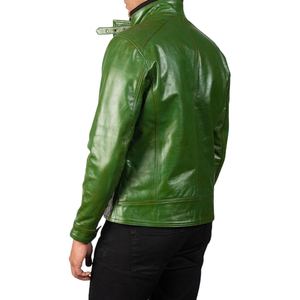 Veste en cuir véritable vert pour homme, col montant, fermeture éclair, style motard - Product Image 2
