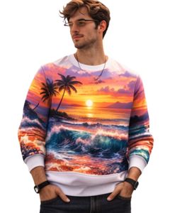 Sudadera Personalizada con Estampado 3D de Playa al Atardecer en Blanco y Naranja, Sudadera Casual con Cuello Redondo para Hombre, Top Sublimado Personalizado de Estilo Urbano - Product Image 1