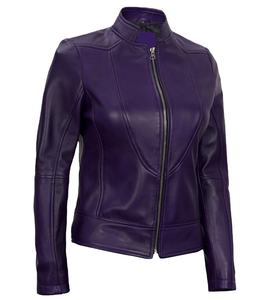 <b>Purple</b> Genuine Leather Jacket for Women Stand Collar Zip Up Biker Coat Windproof Winter Outerwear - Product Image 3