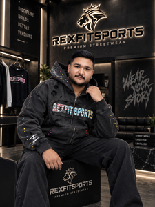 เสื้อฮู้ดซิปเต็มตัวสีดำแบบกำหนดเอง REXFITSPORTS 2026 ประดับด้วยกราฟิกคริสตัล สไตล์สตรีทแวร์ เสื้อฮู้ดแฟชั่น ขายส่ง - Product Image 5