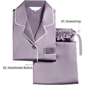 Women's Grey Satin Pajama Set Long Sleeve Full Length Button Front Elegant Sleepwear <b>100</b>% Silk Turn-down Collar - Product Image 3