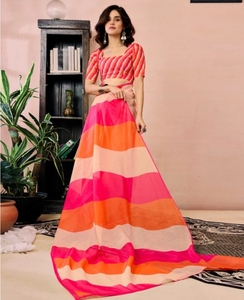Sari en lin prêt-à-porter KV à imprimé floral, imprimé géométrique, imprimé pour tous les jours - Product Image 2
