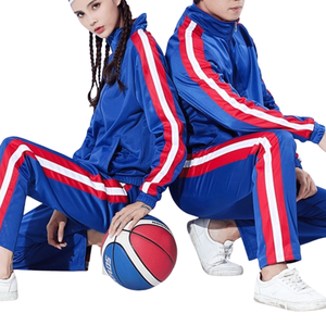Ensemble de survêtement sportif bleu marine 100% polyester avec rayures blanches/rouges, pour la salle de sport, le fitness, le jogging, la course à pied, fermeture éclair intégrale, unisexe - Product Image 2