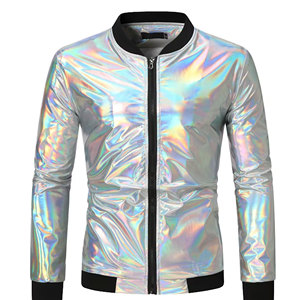Chaqueta Bomber de Lona Transpirable y Cortavientos para Hombre, Estilo Casual con Cuello Alto, Cierre de Cremallera, Diseño Brillante con Estampado Arcoíris, Otoño - Product Image 2