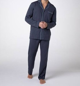 Ensemble de pyjama pour homme à manches longues 100% coton respirant, vêtements de nuit boutonnés, passepoil contrasté, confortable, décontracté, pour la maison - Product Image 1