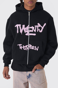 OEM Heavyweight 500GSM High Quality Screen Printed Oversized Zip <b>up</b> Hoodie Sports Casual Streetwear Hoodies Men 100% Cotton - Product Image 3