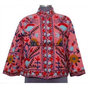 Handmade Suzani Design Winter Spring Bomber Jacket <b>Machine</b> Embroidery Floral <b>Pattern</b> <b>Knitted</b> Cotton Fabric Quick Dry Breathable - Product Image 2