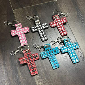 Porte-clés en cuir de vachette à motif à carreaux, fait à la main, en gros, avec motif diamant, fermoir en métal durable, cadeau tendance - Product Image 5