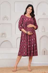 Maroon Floral Print Cotton <b>Three</b> Quarter Sleeve Casual Fit Flare Midi Dress with Maternity Feeding Gown for Daily Wear - Product Image 2