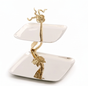 Soporte de Pastel de Cerámica de 2 Niveles, Rectangular, Diseño Floral Dorado Hecho a Mano, Bandeja Elegante para Servir en Restaurantes y Eventos de Boda - Product Image 1