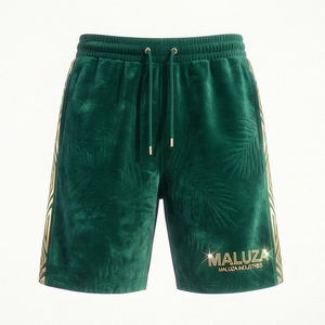 กางเกงขาสั้นผ้ากำมะหยี่ดีไซน์เนอร์สำหรับทุกเพศ พิมพ์โลโก้คริสตัล สไตล์ลำลอง ใส่สบาย ระบายอากาศได้ดี เป็นมิตรกับสิ่งแวดล้อม ทรงปกติ รุ่น Maluza - Product Image 1