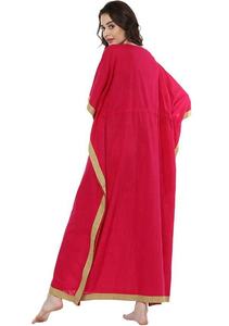 Caftán de algodón ecológico sólido con cuello en V y Media manga hasta el suelo, color rosado, rojo y beige, ropa de salón suave y fresca - Product Image 4