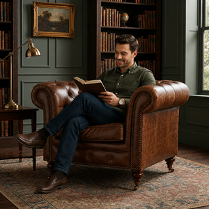 Sillón Chesterfield de cuero genuino con respaldo capitoné para sala de estar, sillón de cuero marrón con patas de madera, muebles de cuero - Product Image 3