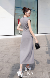 Vestido Midi VIVIKA de Tweed Sólido con Botones Delanteros, Abertura Lateral, Silueta Evase, Ajustado, para Fiesta, Cintura Alta, Forro de Seda, Primavera - Product Image 3