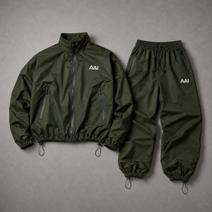 Mens Custom Logo Water Resistant Nylon Hoodies Tracksuit LOW MOQ Stand Collar Zip Jacket Adjustable Pants Outdoor Supplier - Product Image 1
