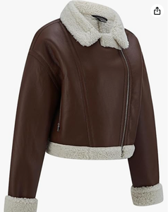 Women's Faux Shearling Cafe Racer Moto <b>Jacket</b> Thick <b>Fur</b> <b>Lined</b> Sherpa Leather Coat Winter Outerwear Finished - Product Image 3