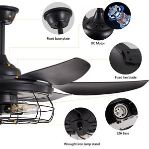 Ventilatore da soffitto moderno a LED da 52 pollici, nero, con design a gabbia industriale e 6 pale regolabili per soggiorno e camera da letto - Product Image 6