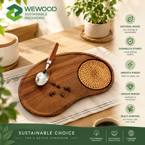 Plateau de service en bois d'acacia de qualité supérieure avec insert en rotin tressé, plateau de présentation pour café, thé et en-cas - Product Image 4