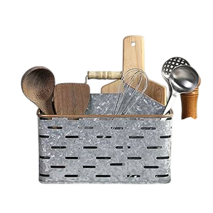 Caja para Cubiertos de Metal Galvanizado con Divisores y Asa de Madera, Estilo Ovalado Rústico, para Uso en Comedor y Fiestas, Ideal como Porta Cubiertos para Picnic - Product Image 3