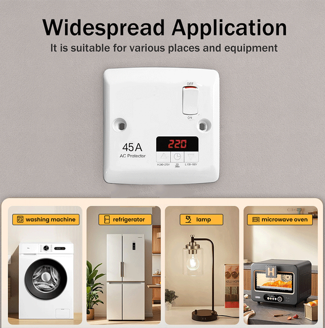 Iraqi Wall-Mounted 45A Automatic Voltage Protector with Voltage Display Fireproof PC Material for Home & Office Appliances